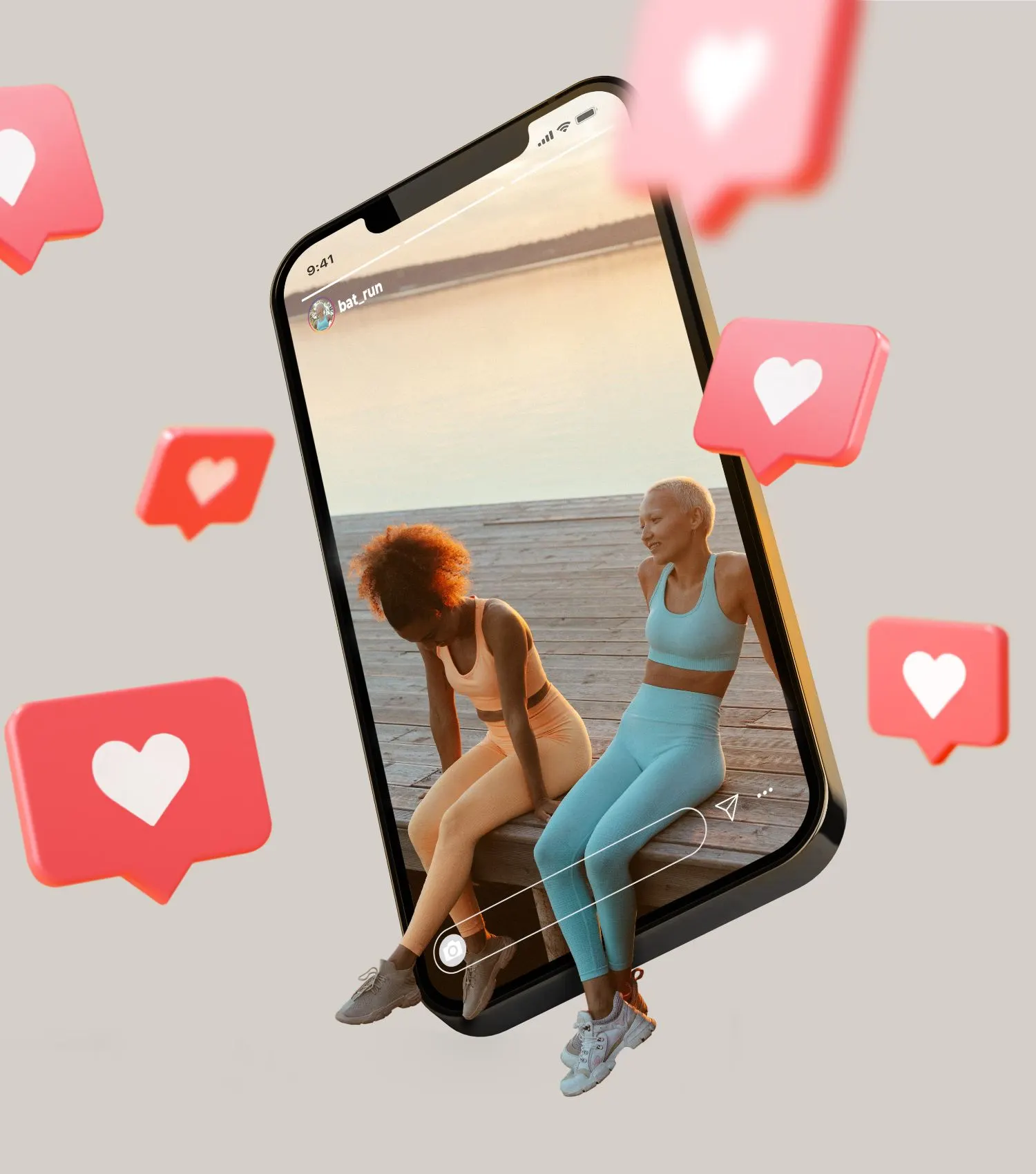 Móvil con una publicación de dos mujeres en un muelle rodeado de iconos de corazón