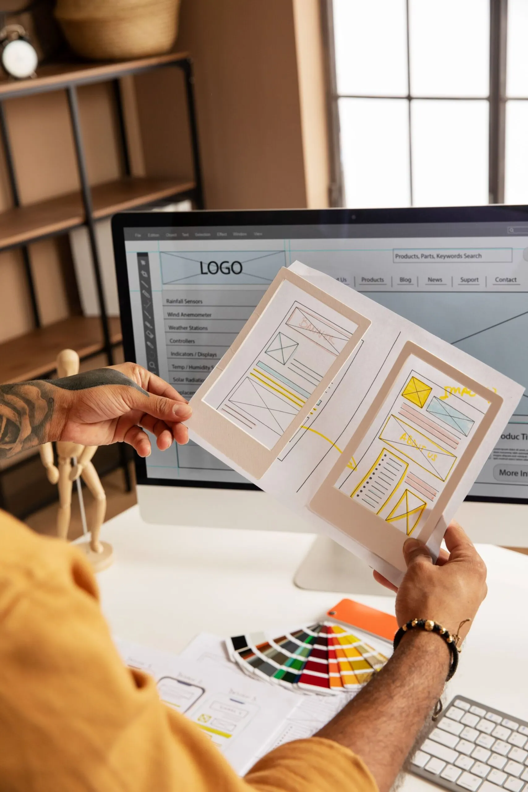Diseñador sosteniendo bocetos de página web delante de una pantalla con una maqueta web
