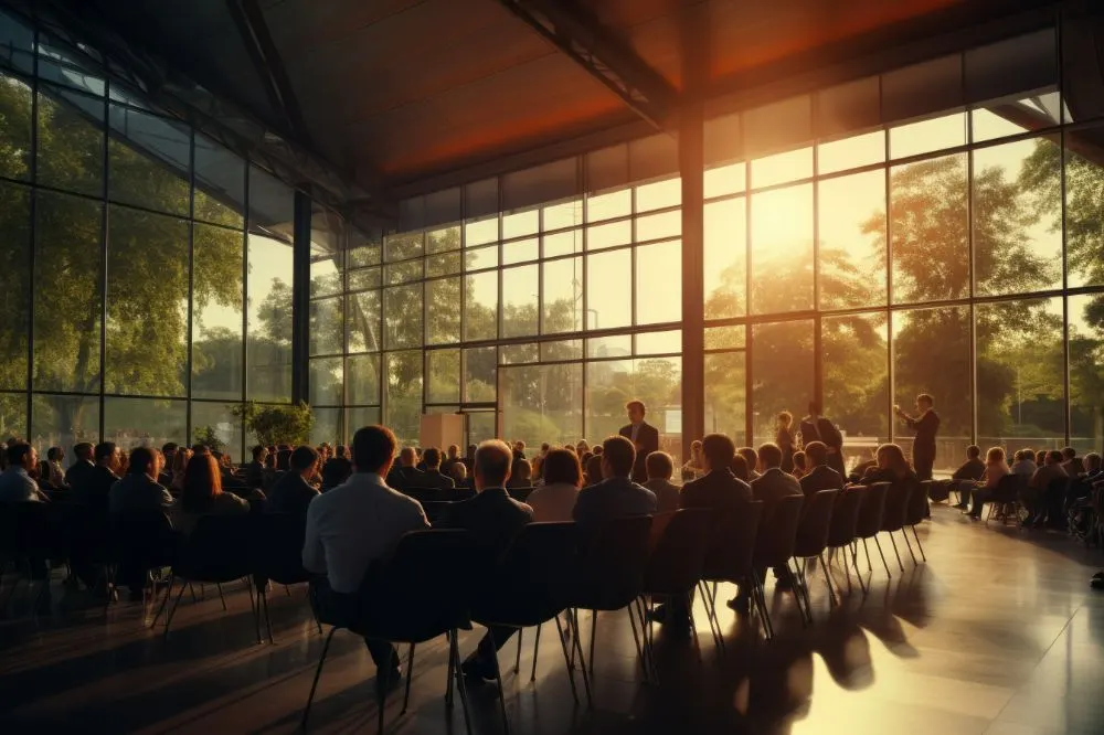 Públic assegut en una sala envidrada escoltant un ponent a la posta de sol