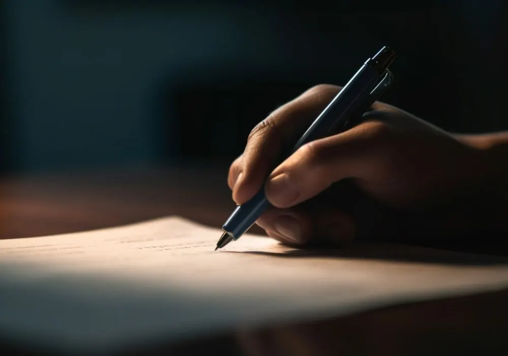 Mano escribiendo con un bolígrafo sobre una hoja de papel en penumbra