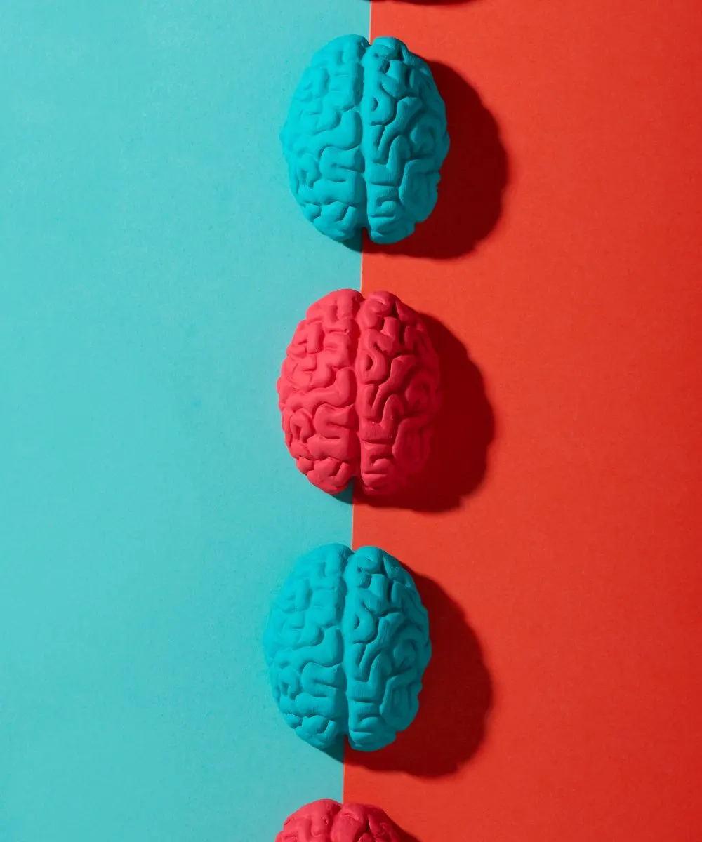 Figuras de cerebros azules y rosas en fila sobre un fondo turquesa y rojo