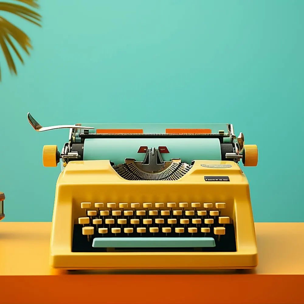 Màquina d’escriure groga d’estil retro sobre fons turquesa