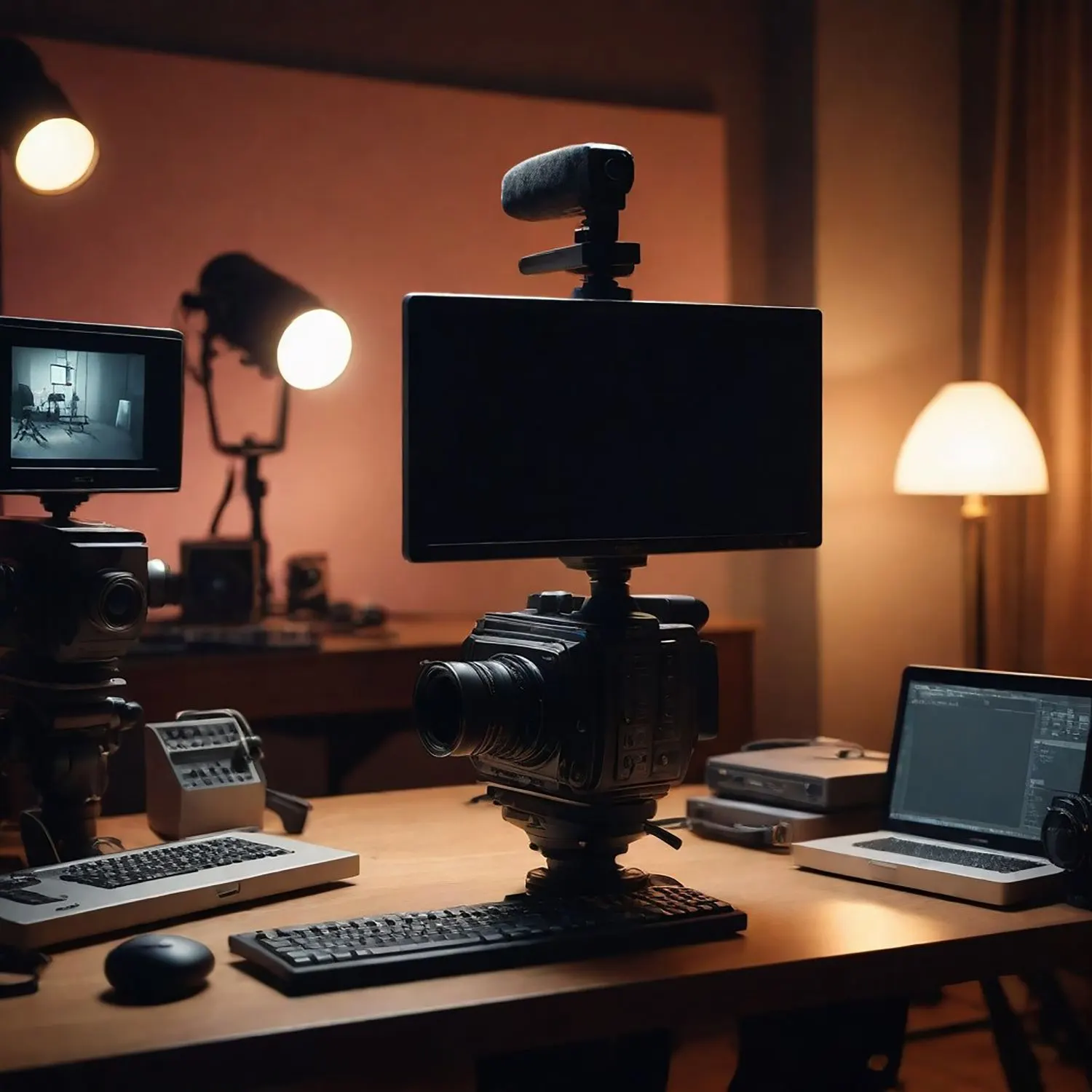 Estudi d’enregistrament amb càmera de vídeo, monitors, focus i portàtil sobre un escriptori