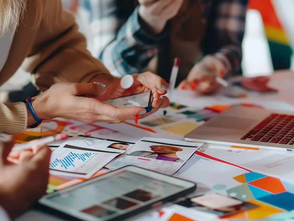 Mans d’un equip amb mòbil, tauleta, portàtil i materials impresos de colors sobre una taula