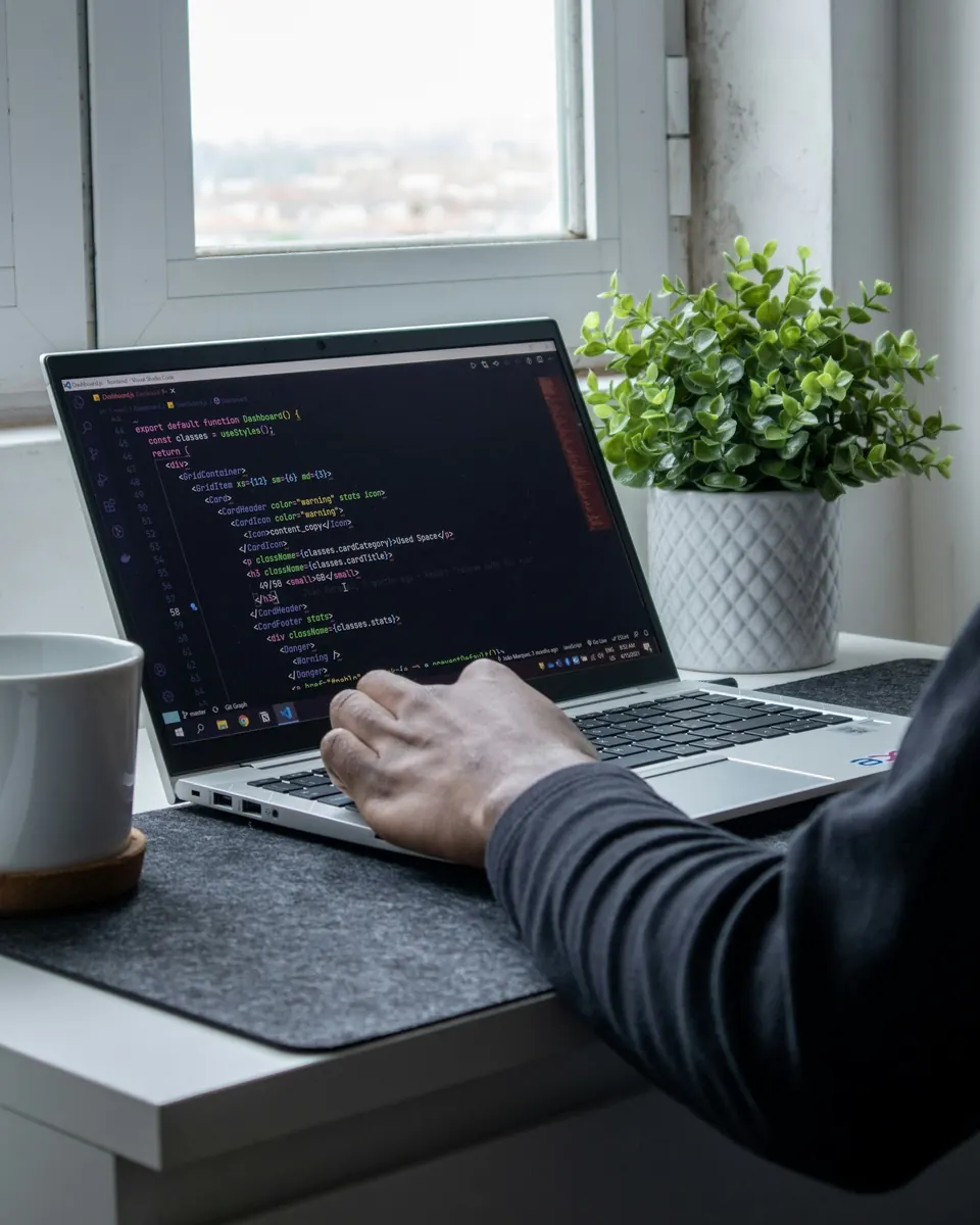 Persona programant en un portàtil al costat d’una planta i una tassa